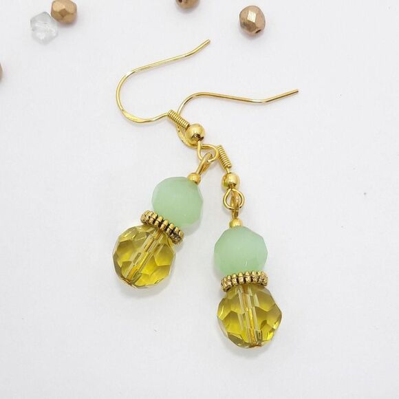 Boho Earrings  402# Gold Green Cats Eye boho Goldplate 925 Silver Hooks  Bohemia - Picture 1 of 5